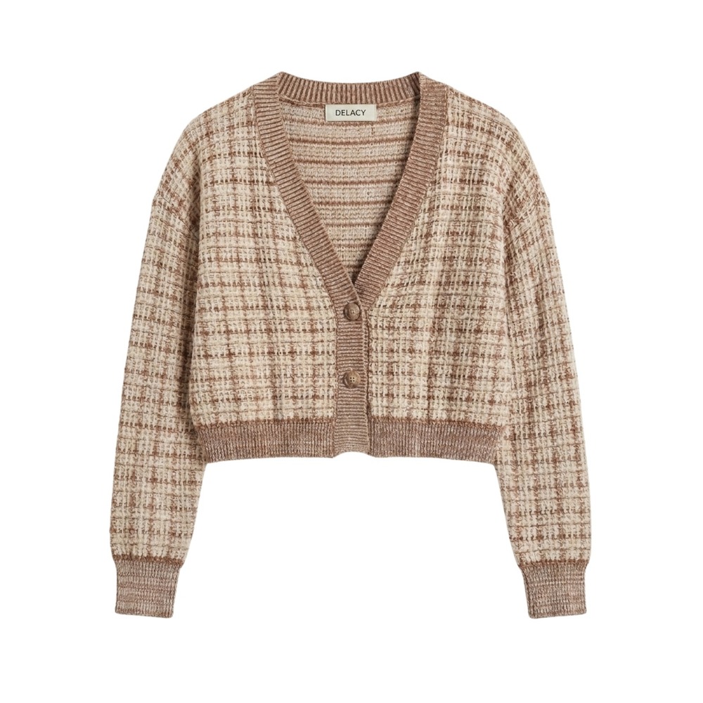 Cotton Candy LA Brown Plaid Cropped Cardigan Sweater‎ Angora Blend Small